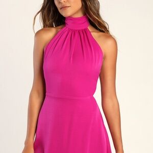 Lulus Give 'em Glam Magenta Satin Sleeveless Halter Mini Dress Pink - Size XL